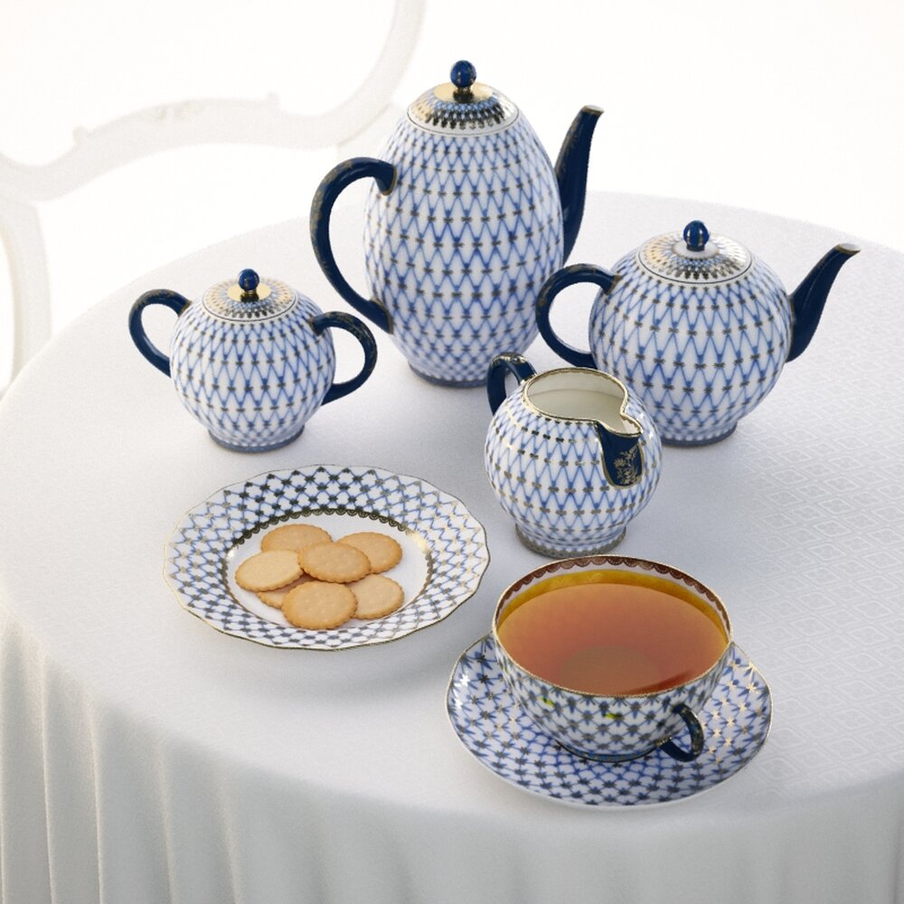 Elegant Blue Patterned Tea Set 3D 모델 