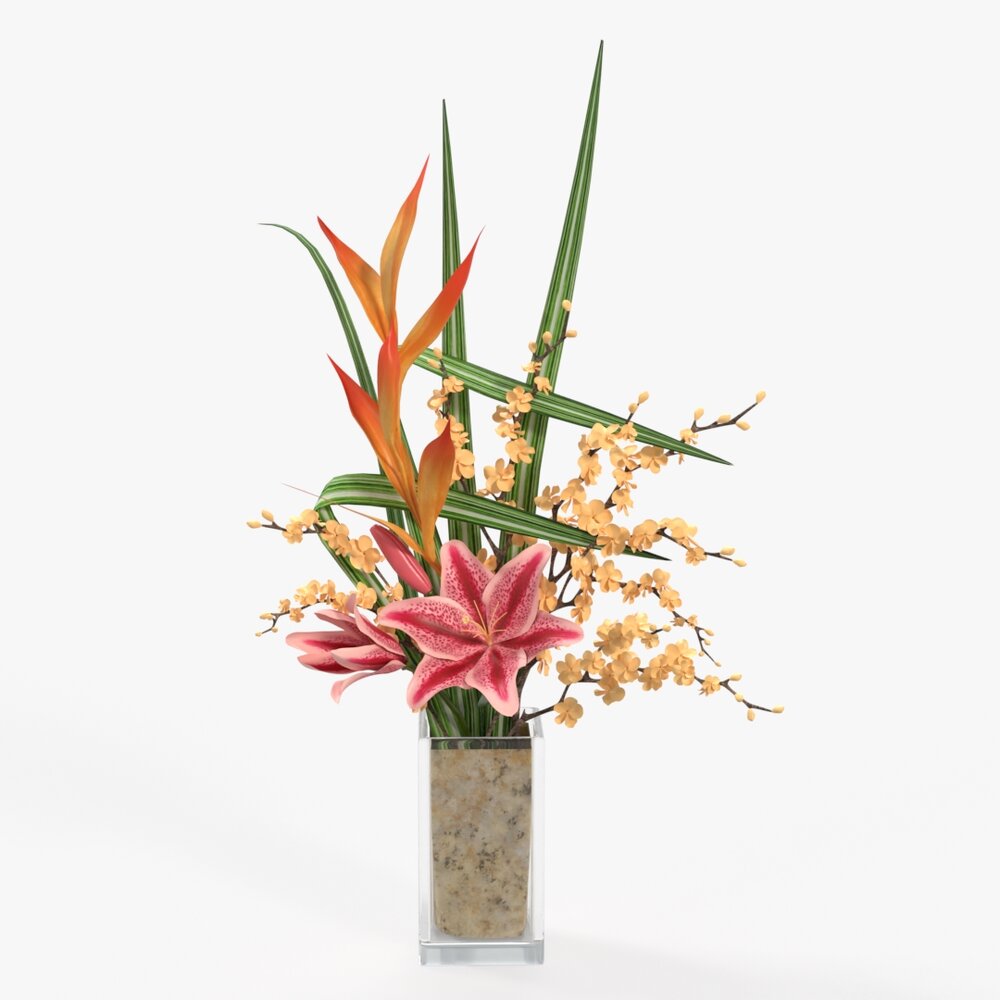 Lily Bouquet With Cherry Branch And Tall Grass 3Dモデル
