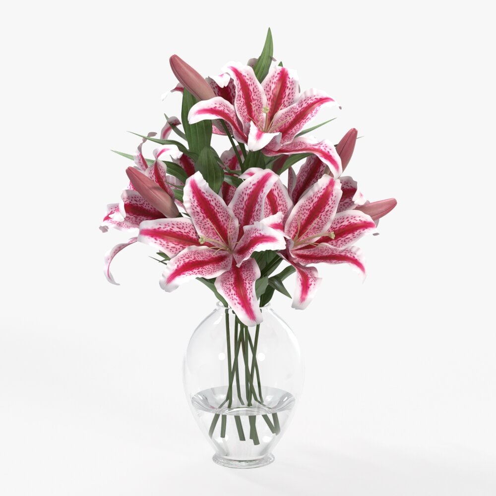 Lily Bouquet With Glass Vase Modello 3D