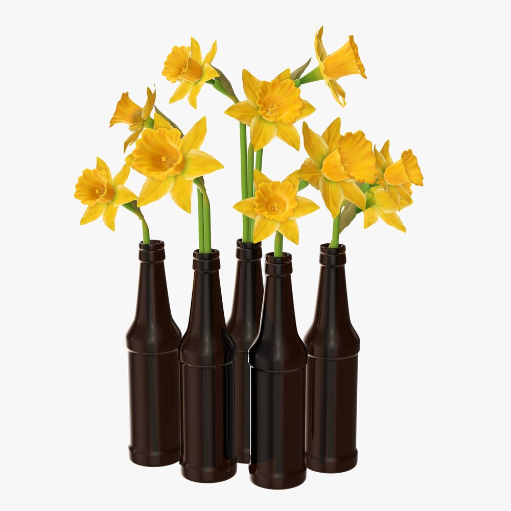 Narcissus Flower In Beer Bottle Vase 3D 모델 