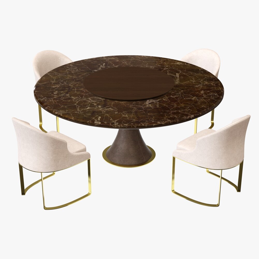 Dining Table With Marble Top And Modern Chairs Gold Legs 3D-Modell