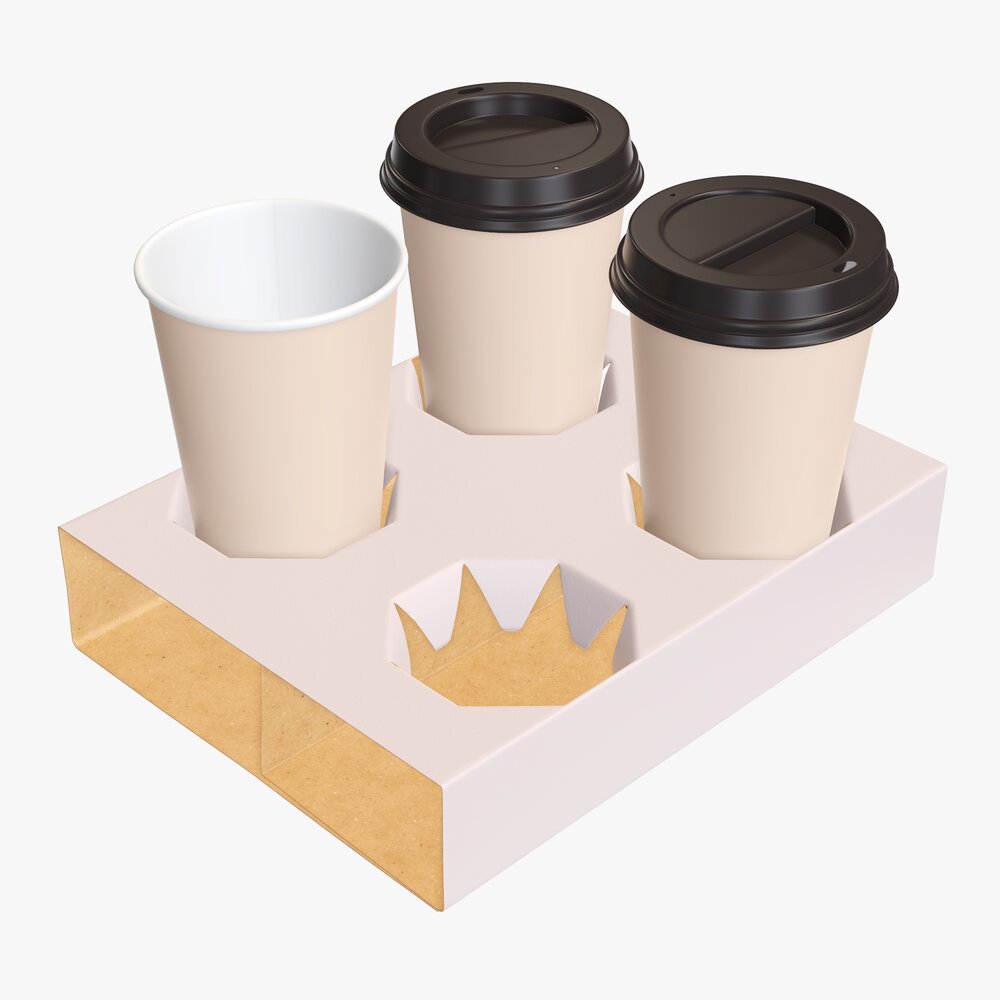 Paper Coffee Cups With Cardboard Holder 3D model