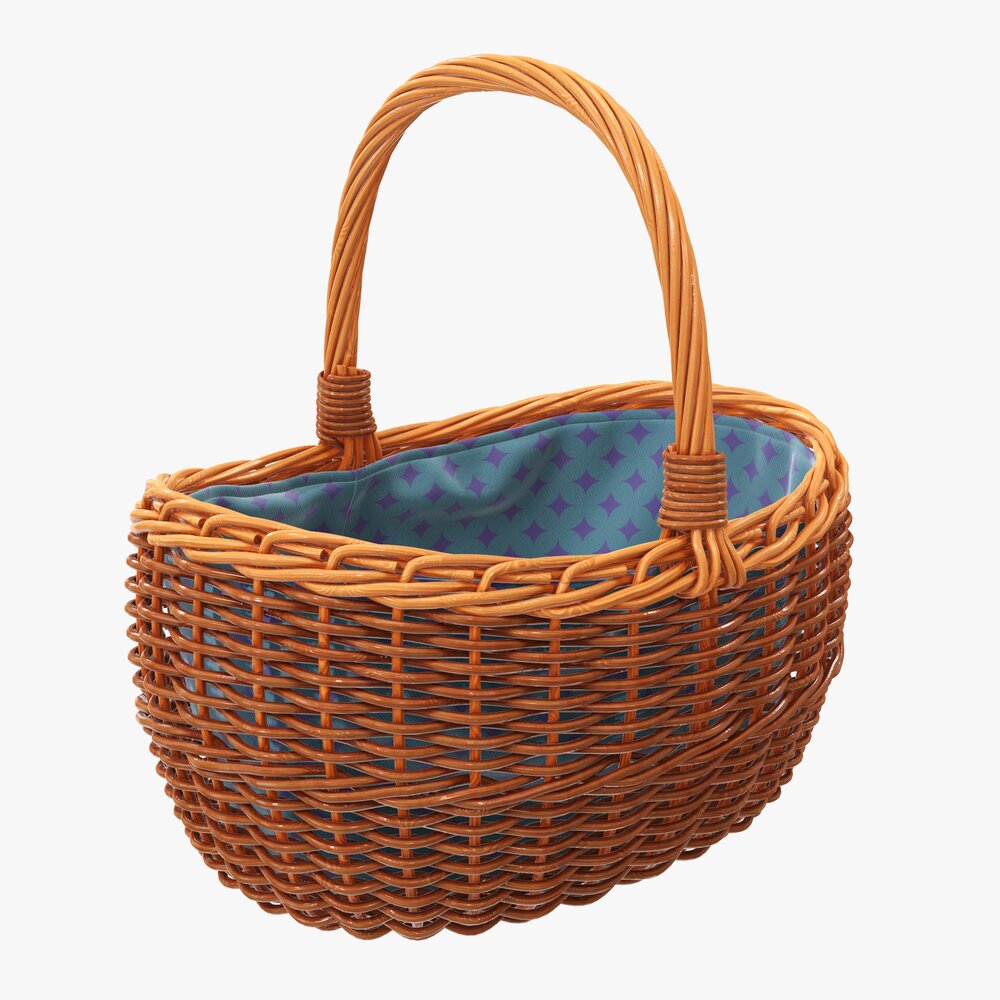 Empty Oval Wicker Basket With Handle 3D модель