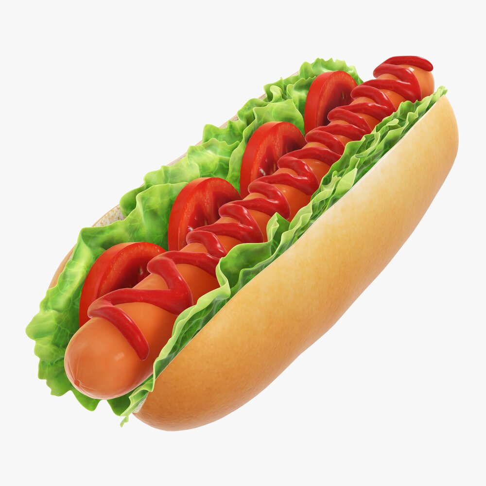 Hot Dog With Ketchup Salad Tomato 3D модель