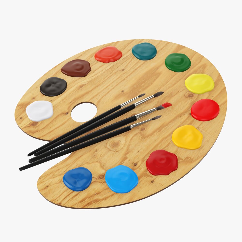 Art Palette With Paints And Brushes 3D 모델 
