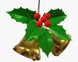 Golden Christmas Bells With Holly Berries Modèle 3D