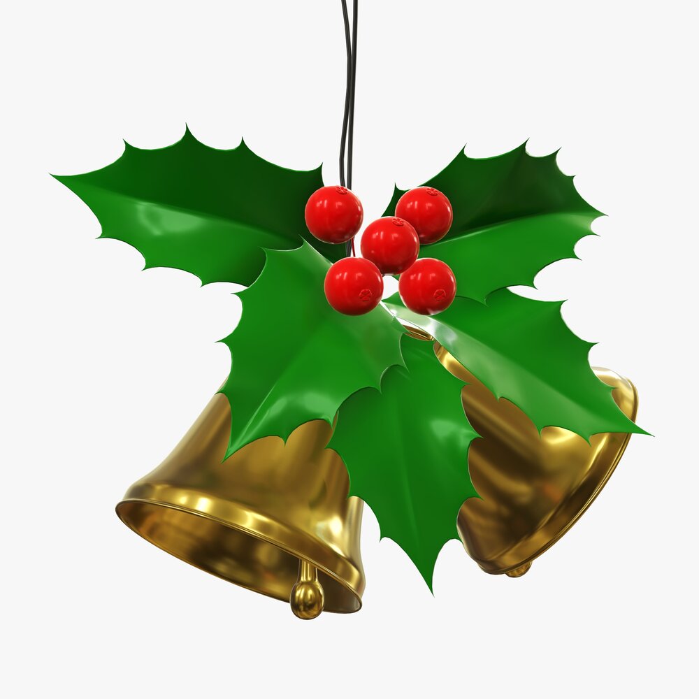 Golden Christmas Bells With Holly Berries 3D model