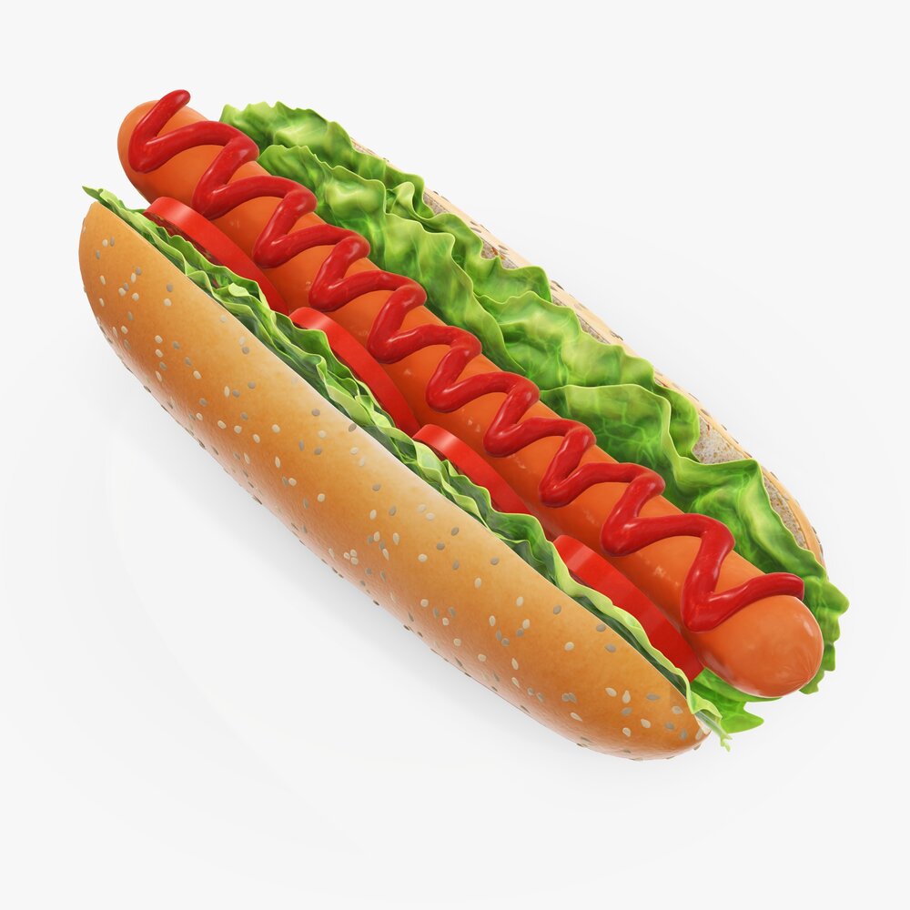 Hot Dog With Ketchup Salad Tomato Seeds 3D модель