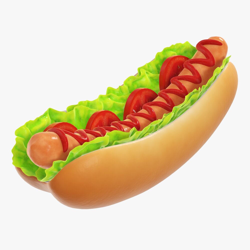 Hot Dog With Ketchup Salad Tomato Stylized 3D模型