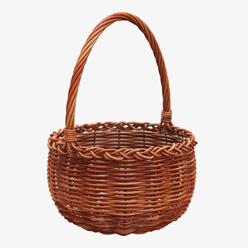 Round Wicker Wooden Basket With Handle 3D модель