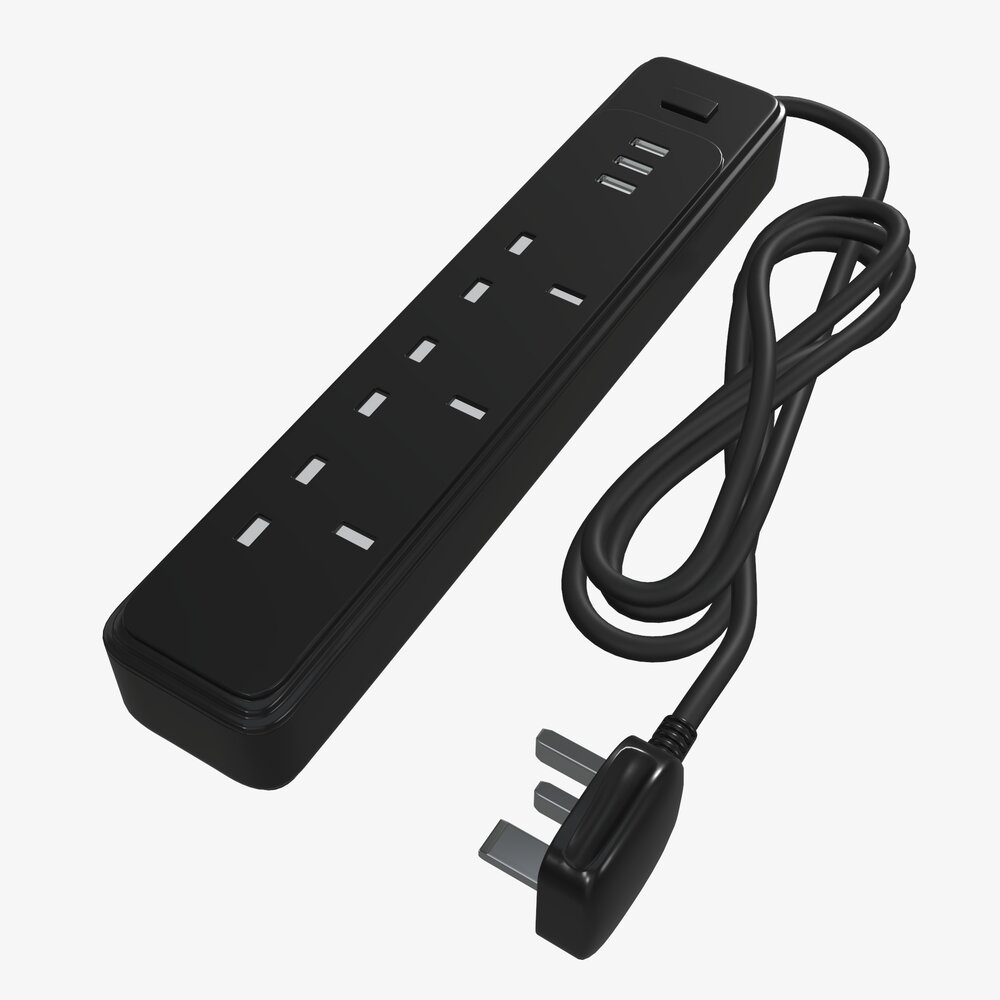 Power Strip UK With USB Ports Black Modello 3D