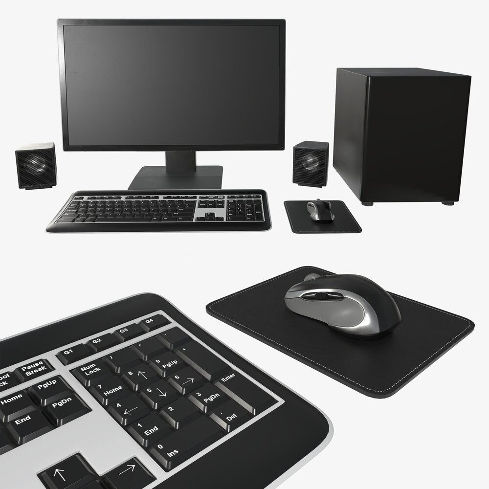 Computer Monitor Keyboard Mouse Pad Speakers Woofer Set 3D model