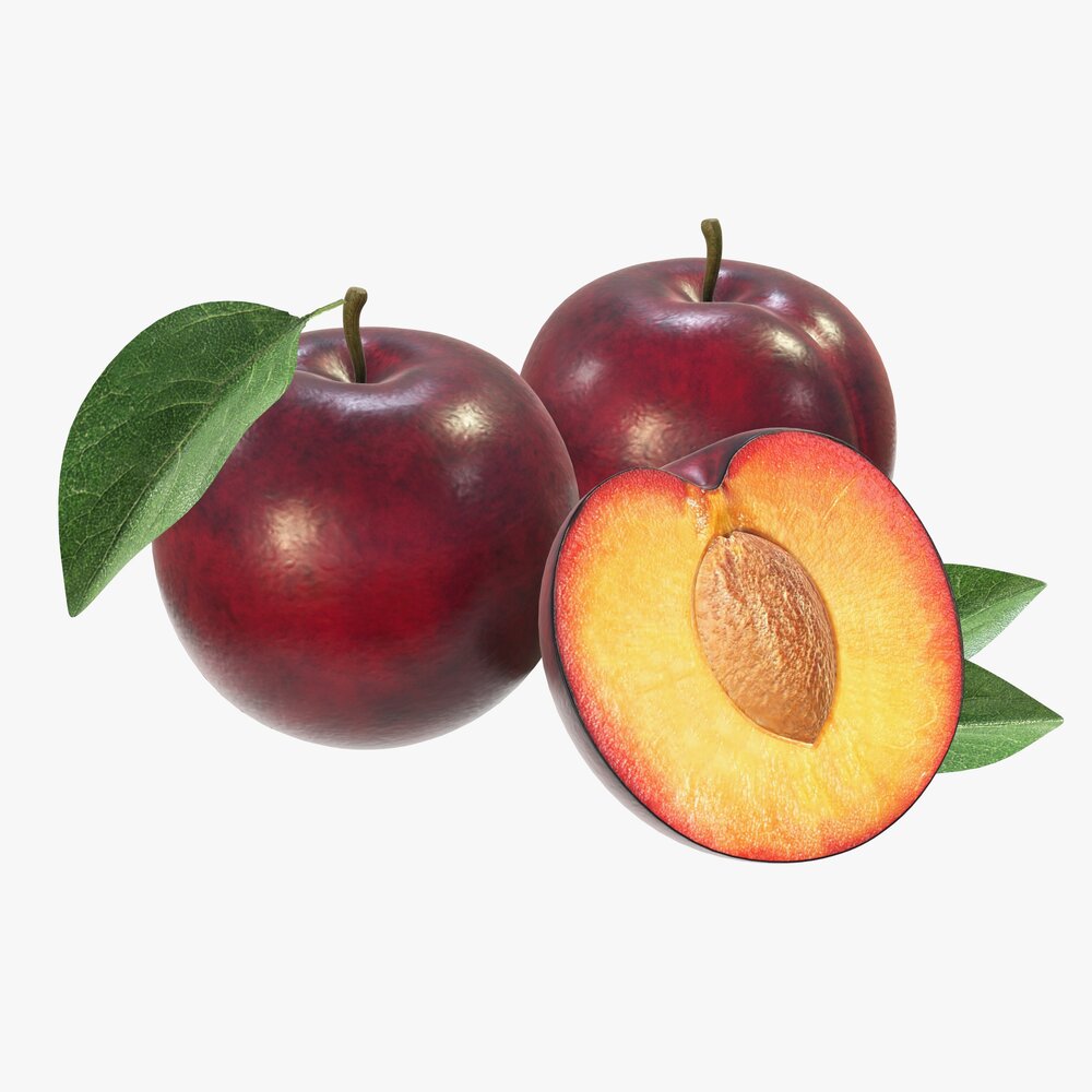 Plums With Leaves 3D model