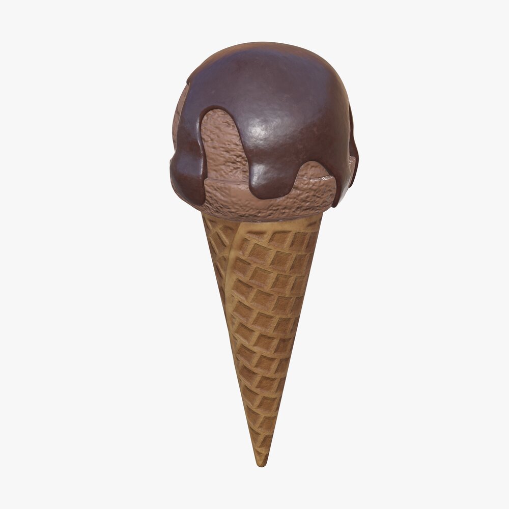 Ice Cream Ball With Chocolate On Top In Waffle Cone 3D模型