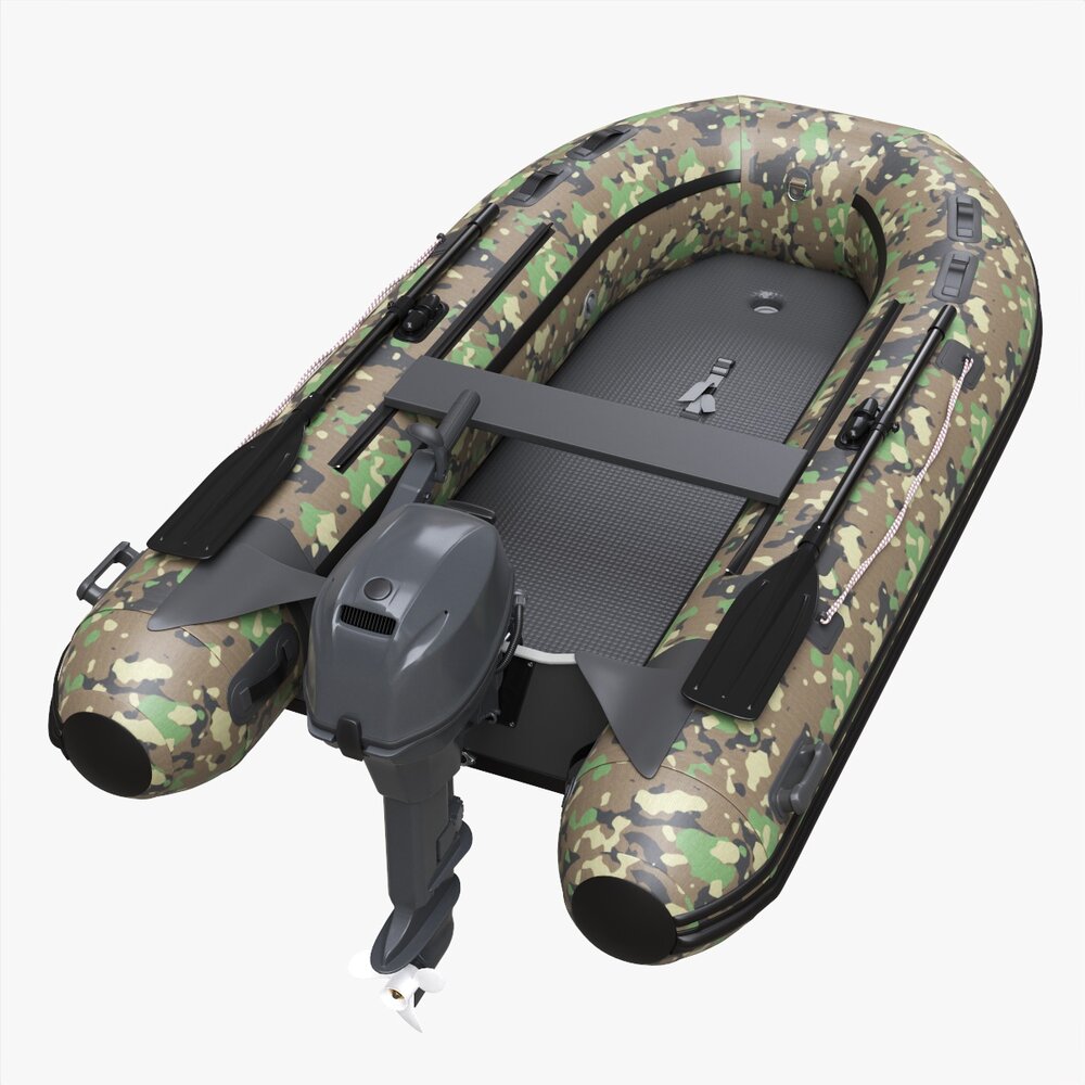 Inflatable Boat 02 Camouflage With Outboard Boat Motor Modèle 3D