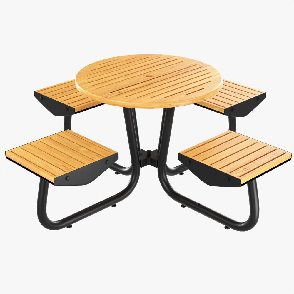 Wood Outdoor Umbrella Table With 4 Seats 3D model