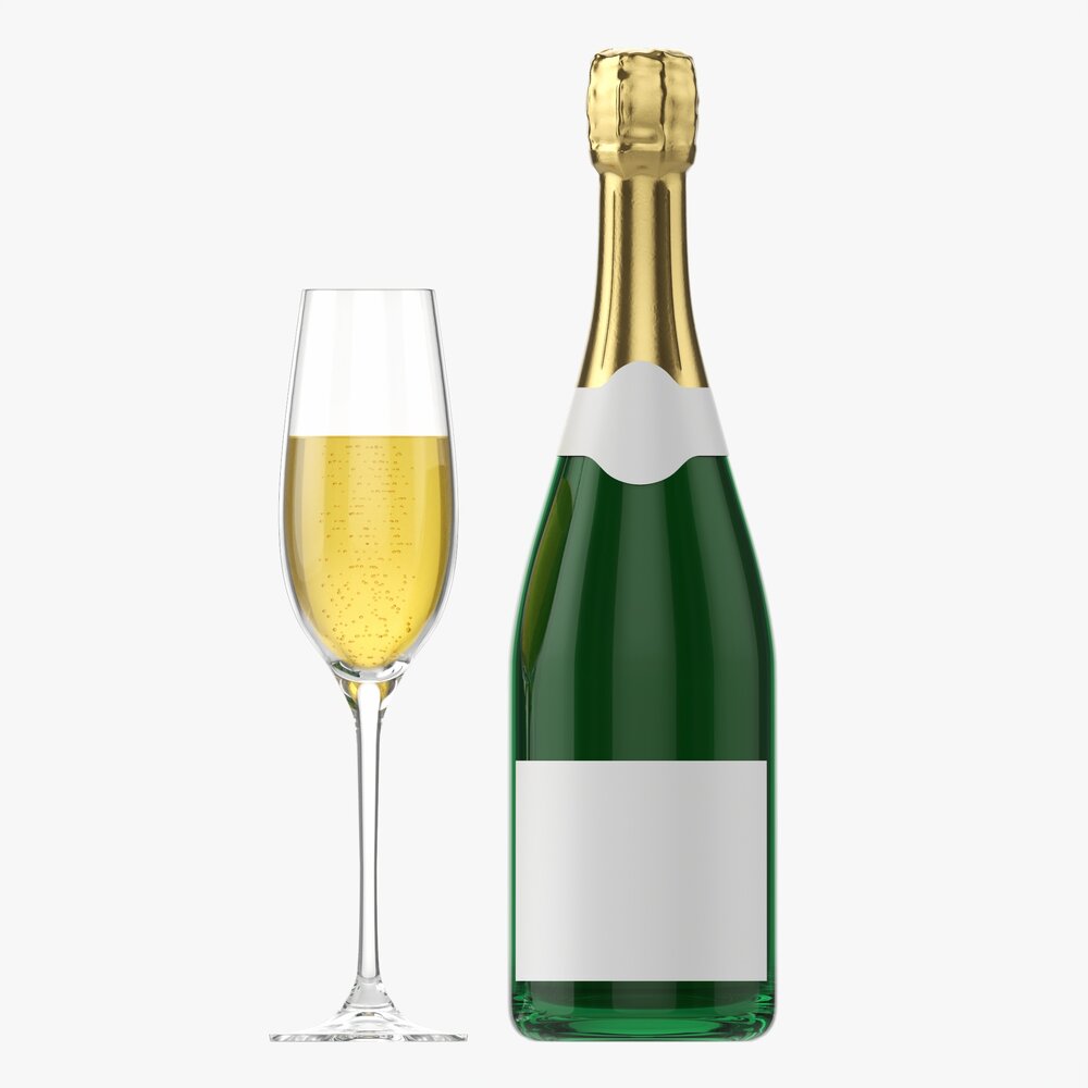 Champagne Bottle With Glass Modèle 3D