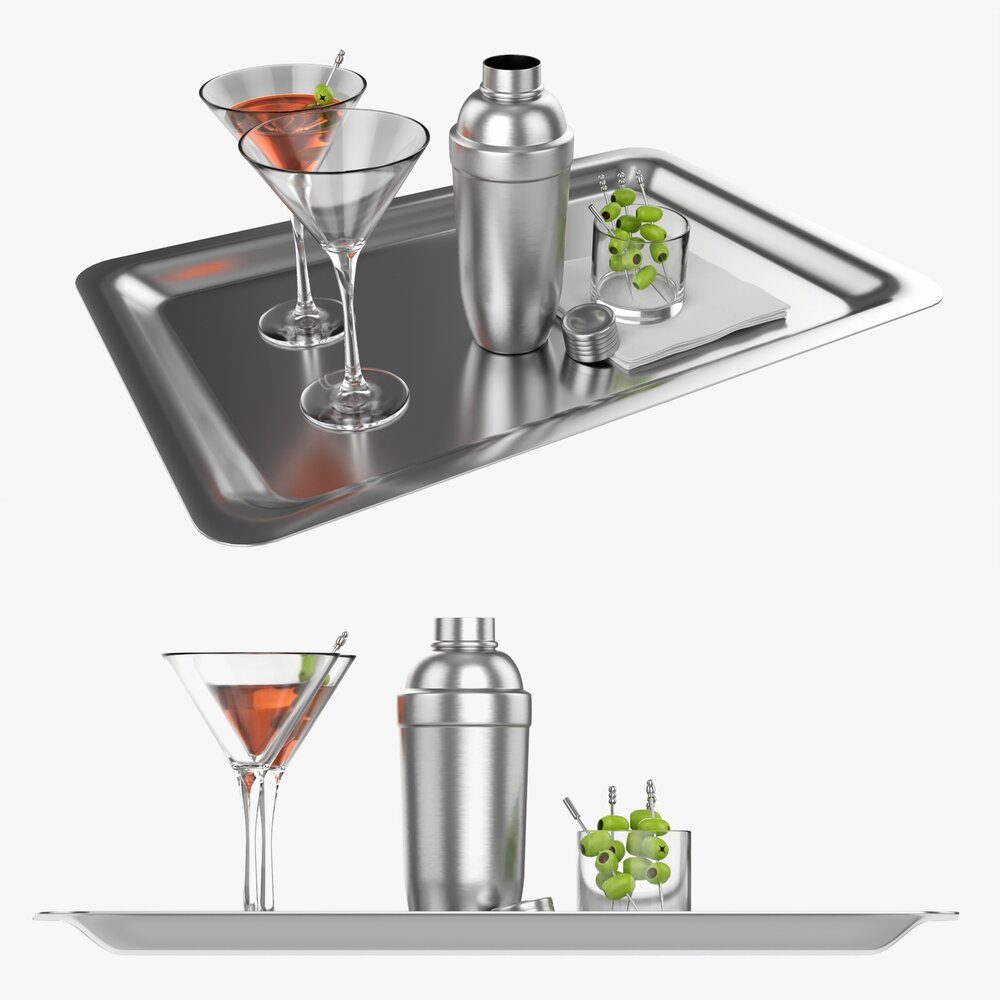 Cocktail With Shaker On Tray And Olives 3D模型