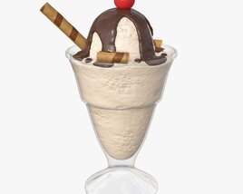 Ice Cream With Chocolate And Cherry In Glass Dish 3D model