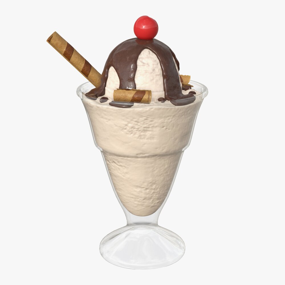 Ice Cream With Chocolate And Cherry In Glass Dish 3D модель