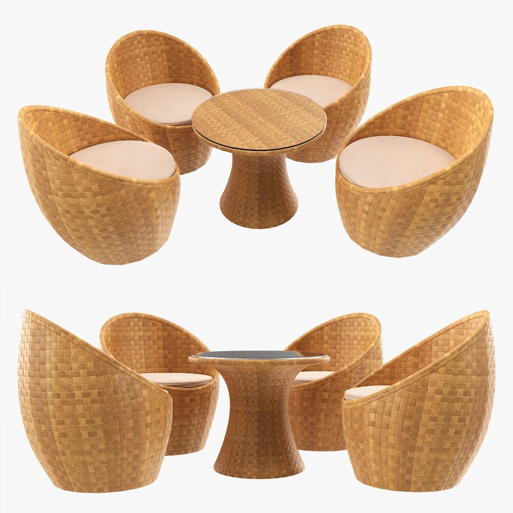 Rattan Four Chair And Table Set 03 3D model
