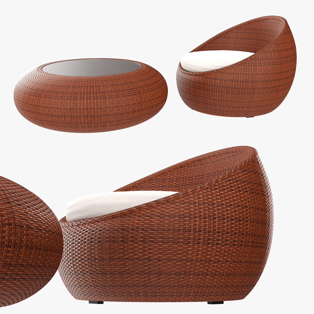 Round Wicker Table With Round Chair Set 3D модель