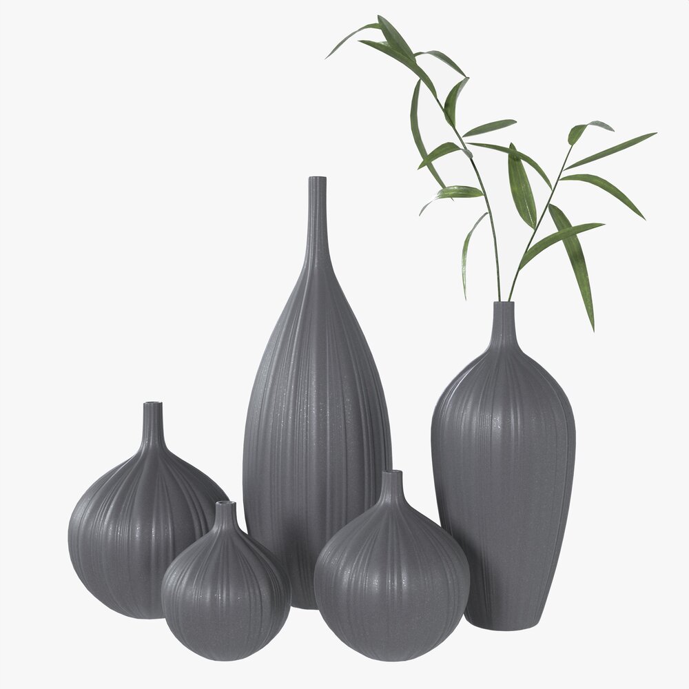 Ceramic Dark Vase Set With Plants 3D模型