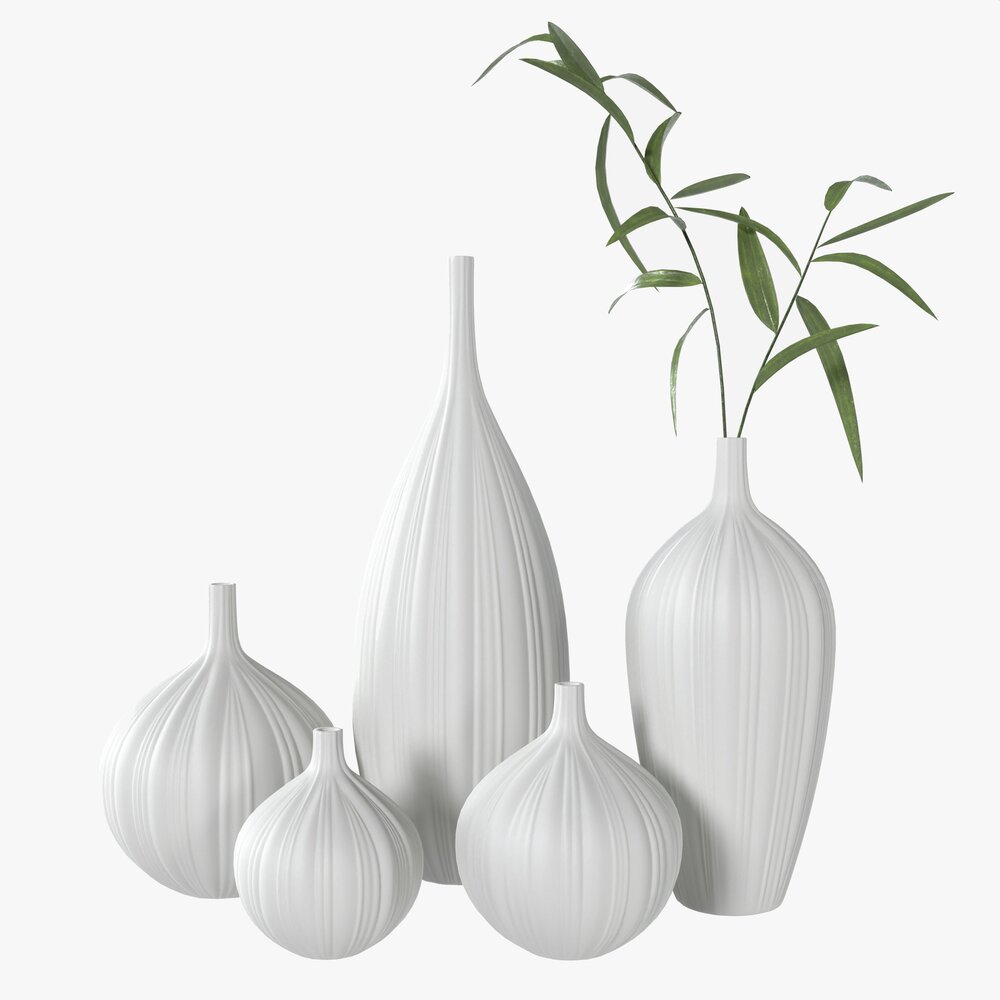 Ceramic White Vase Set With Plants 3D模型