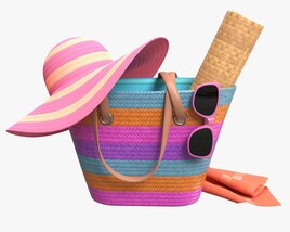 Color Striped Beach Bag With Straw Hat 3D модель
