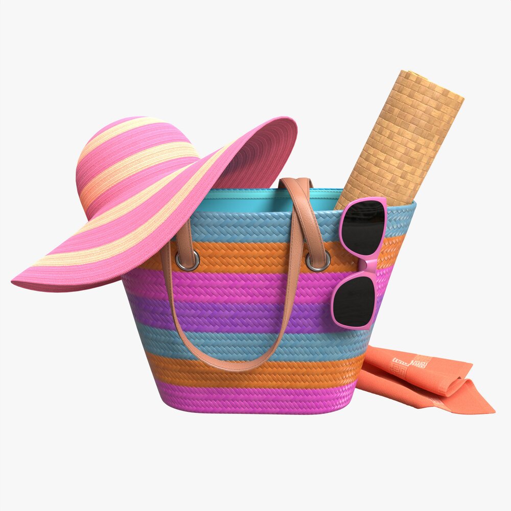 Color Striped Beach Bag With Straw Hat Modello 3D