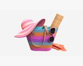 Color Striped Beach Bag With Straw Hat 3d model