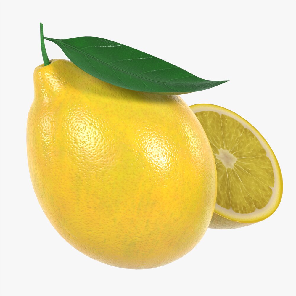 Fresh Lemon With Slice And Leaf 02 3D model