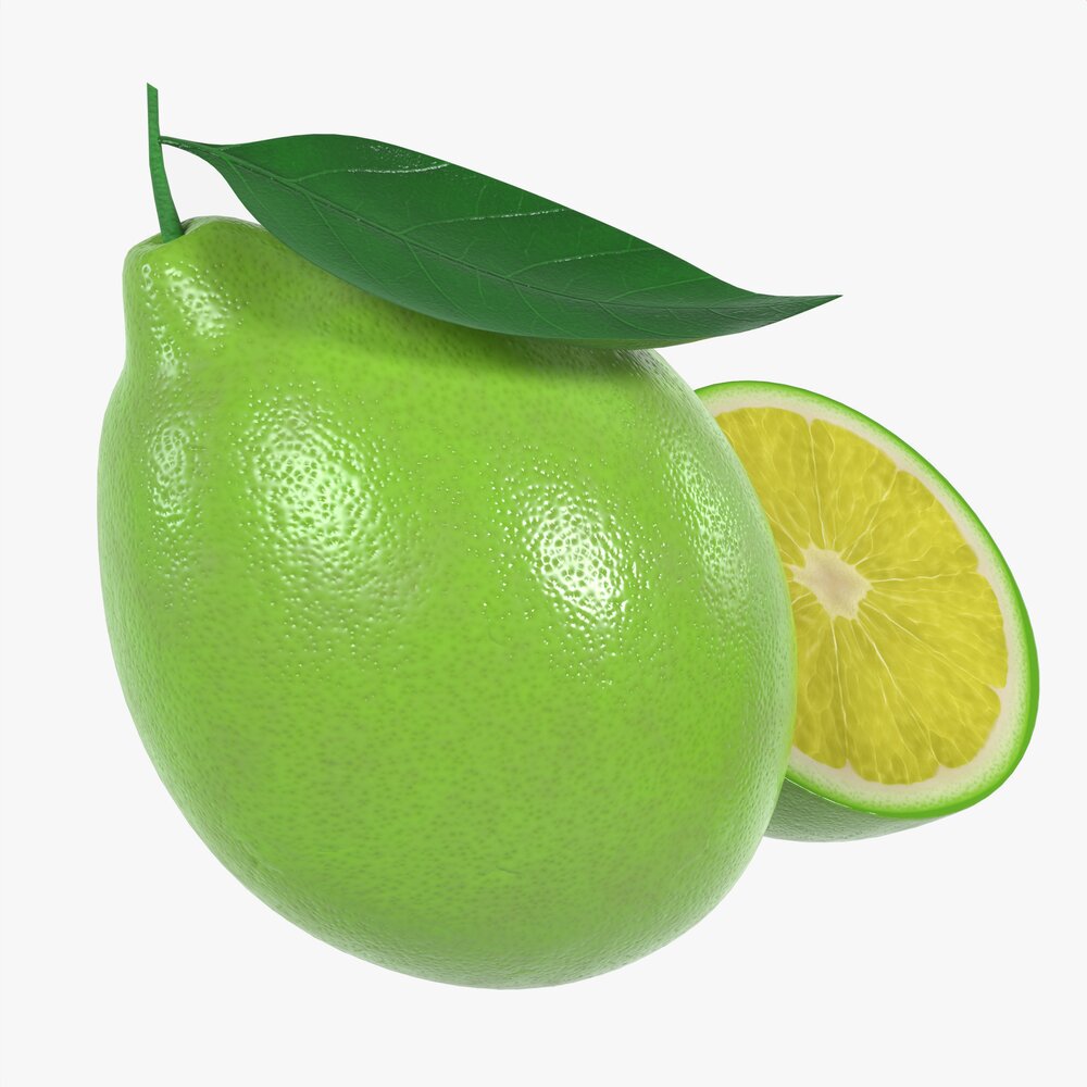 Fresh Lemon With Slice And Leaf Green 3D模型