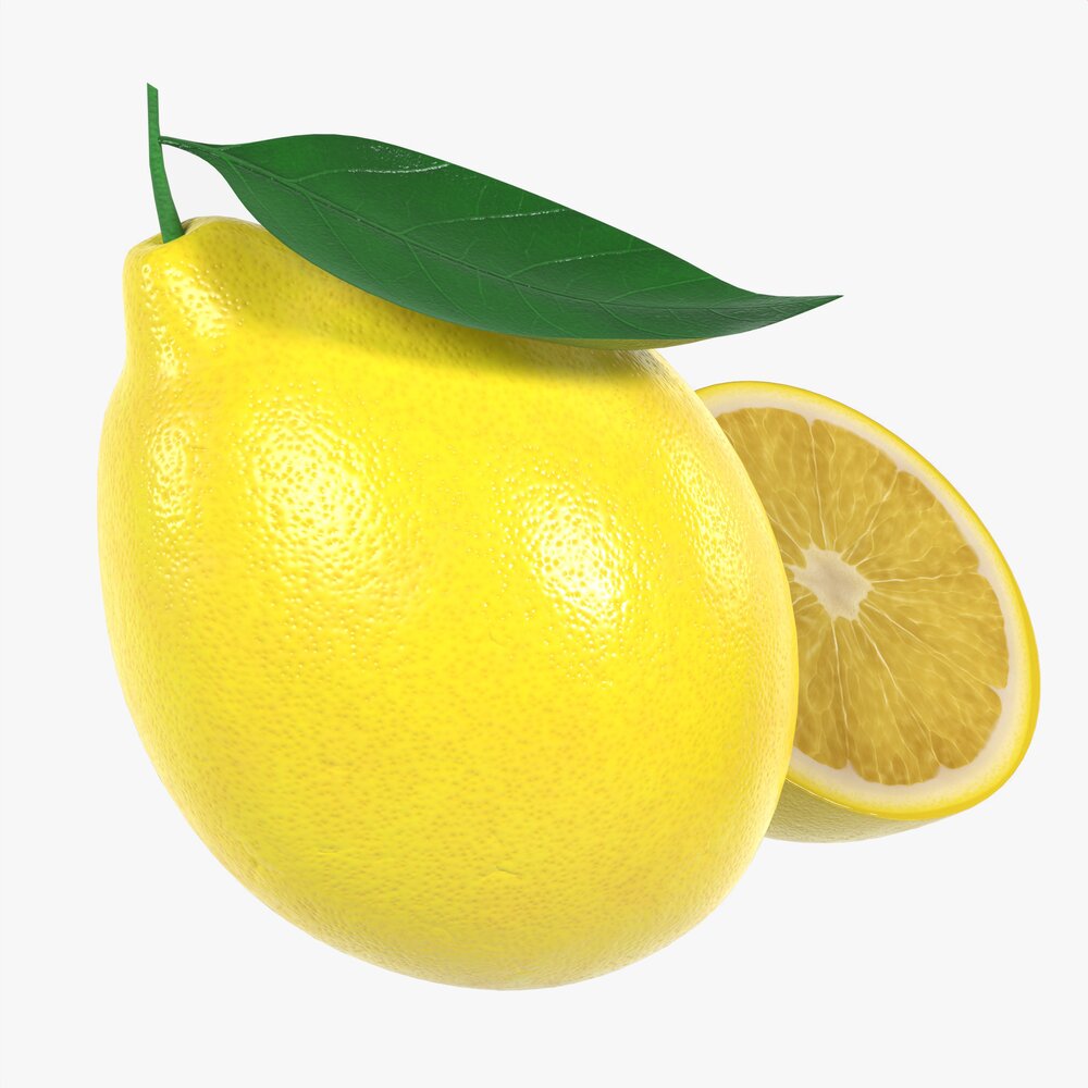 Fresh Lemon With Slice And Leaf Yellow 3Dモデル