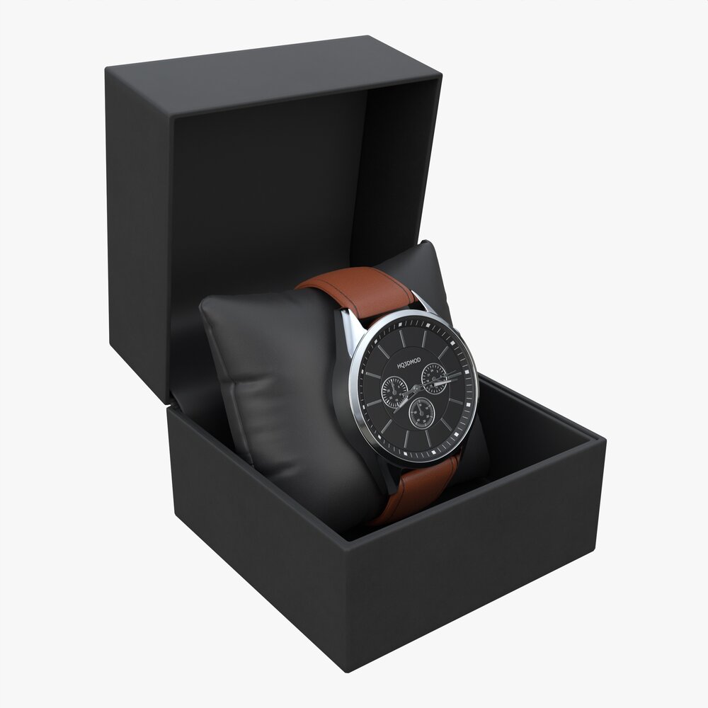Wristwatch With Leather Strap In Box 01 3Dモデル