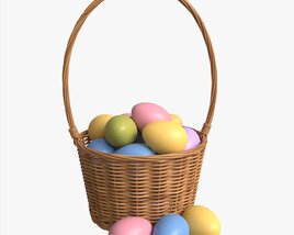 Easter Eggs In Wicker Basket With Handle 3D model