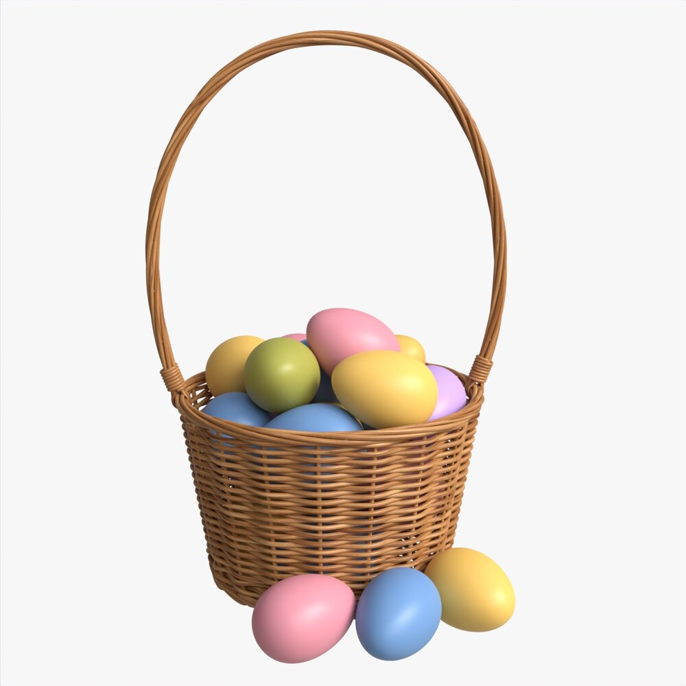 Easter Eggs In Wicker Basket With Handle 3D model