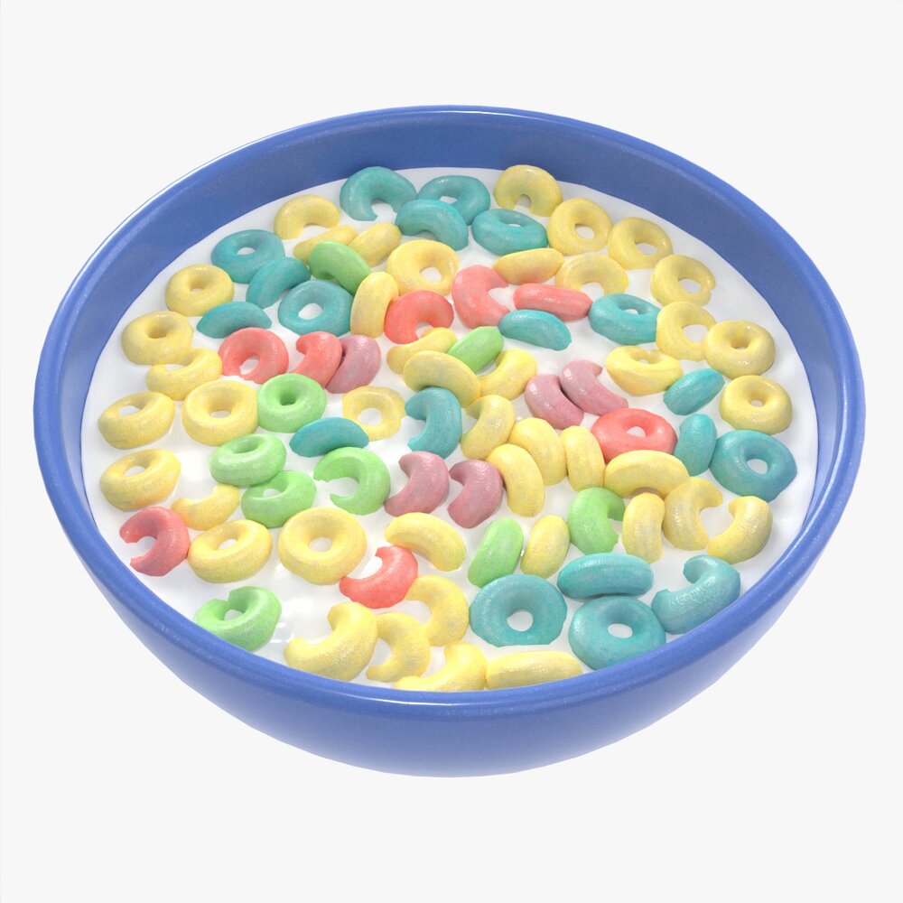 Bowl Of Colored Cheerios With Milk 3D模型