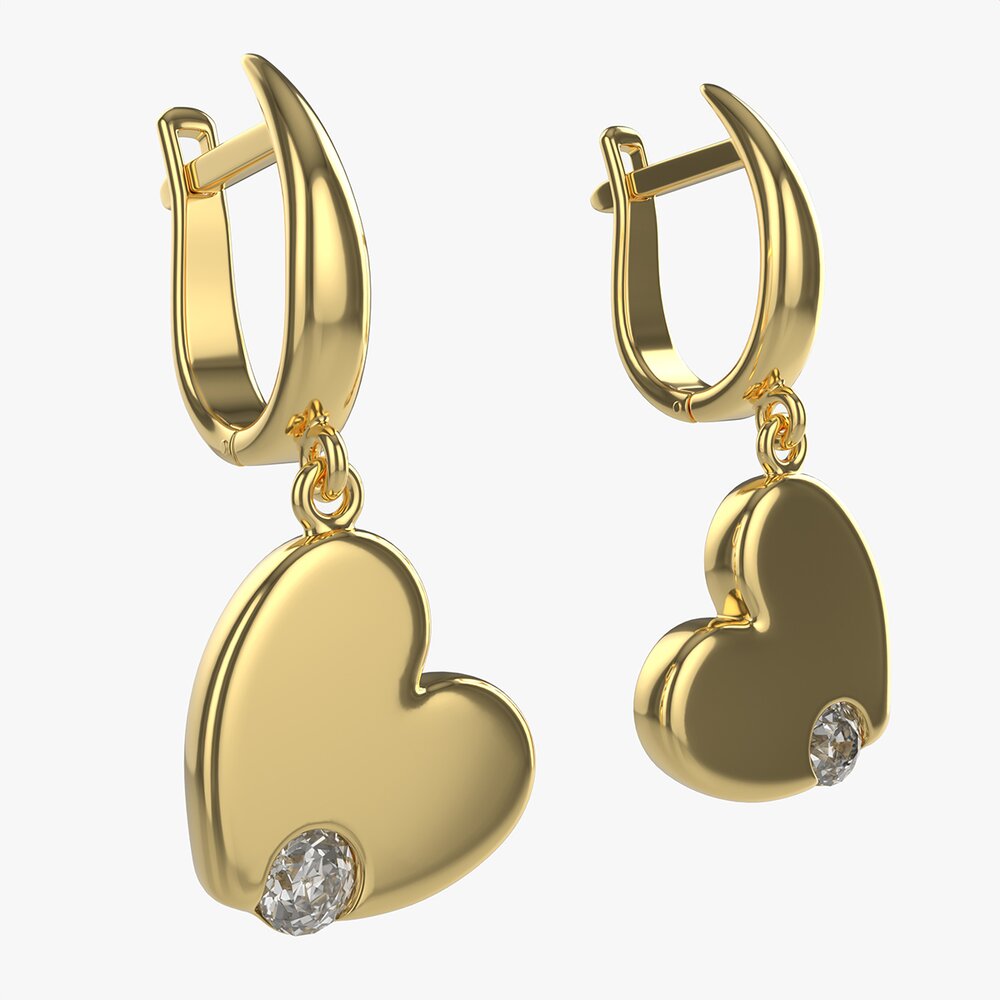 Earrings Heart Shape Diamond Gold Jewelry 03 3D 모델 