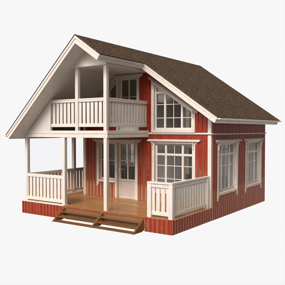 Classic Wooden Two Level House With Terrace 3D-Modell