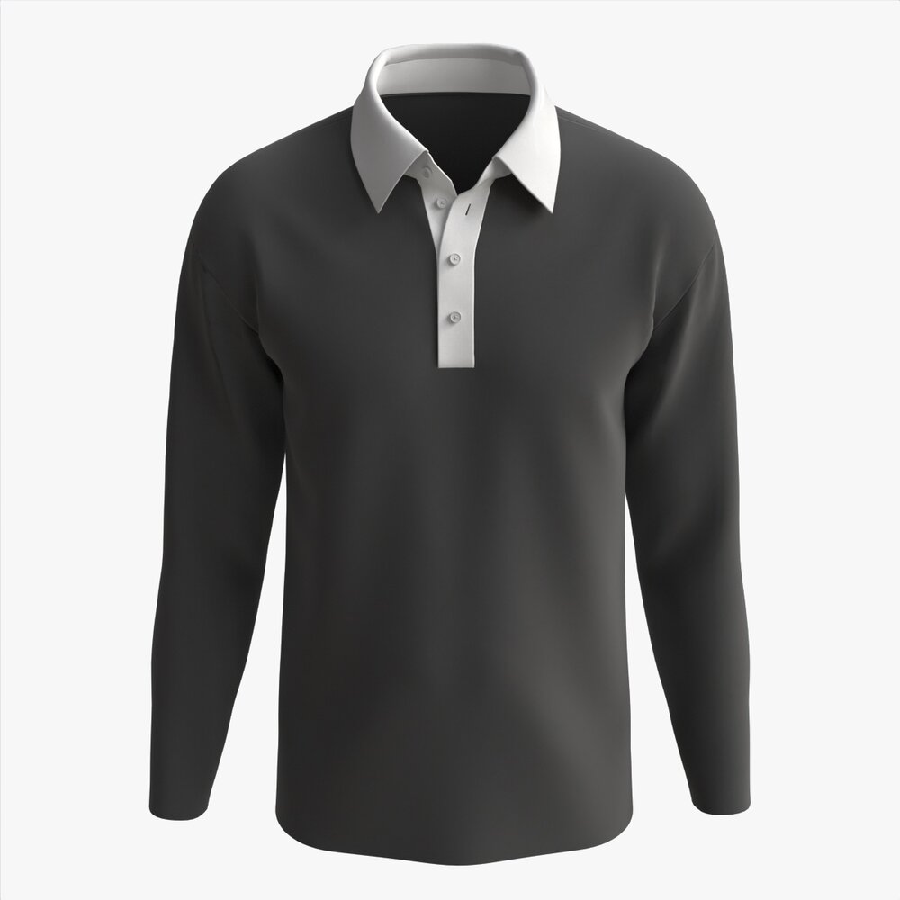 Long Sleeve Polo Shirt For Men Mockup 01 Black Modelo 3d
