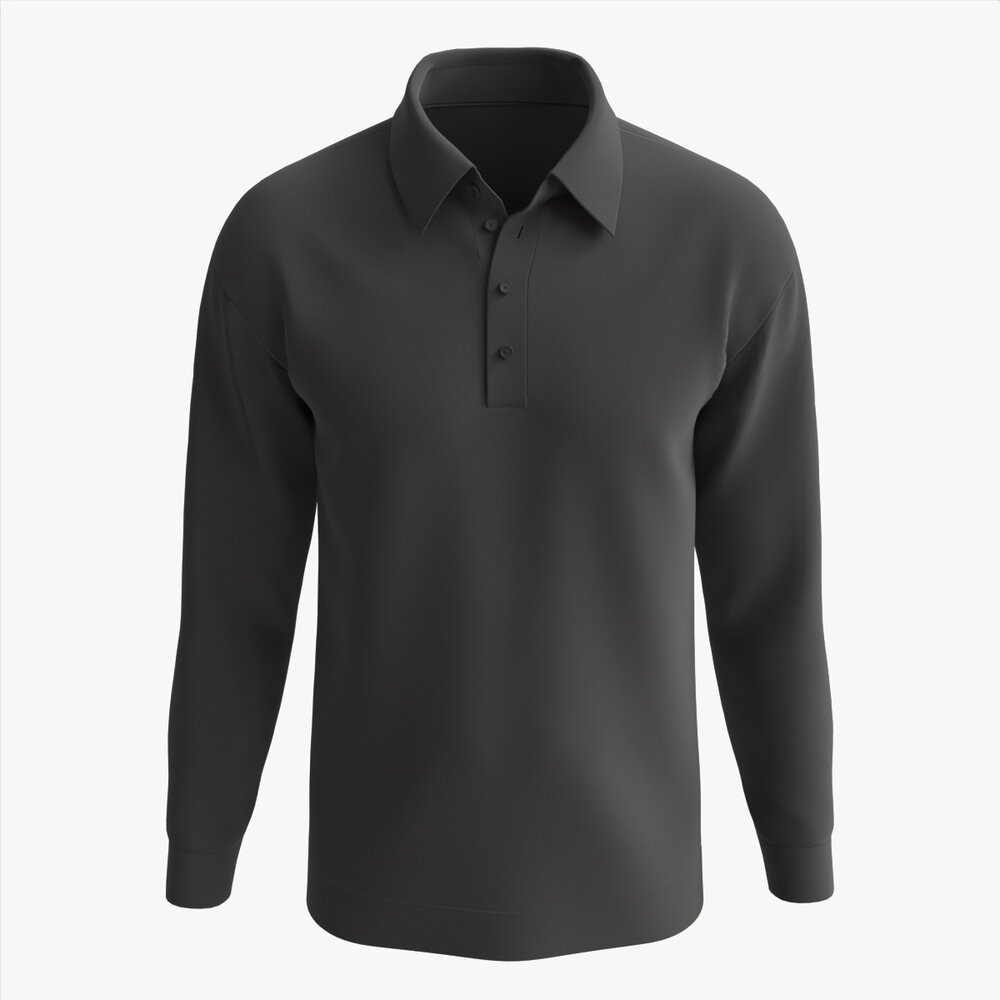 Long Sleeve Polo Shirt For Men Mockup 02 Black Modello 3D