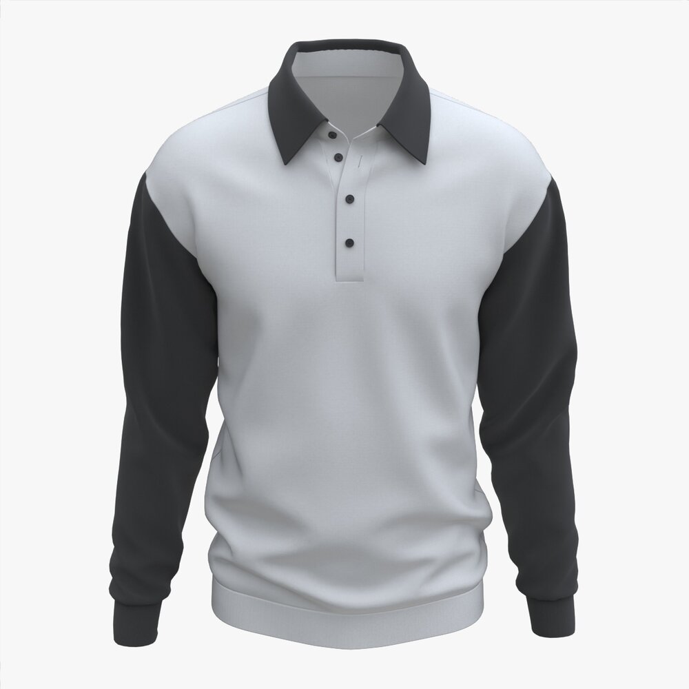 Long Sleeve Polo Shirt For Men Mockup 03 Black White 3D-Modell