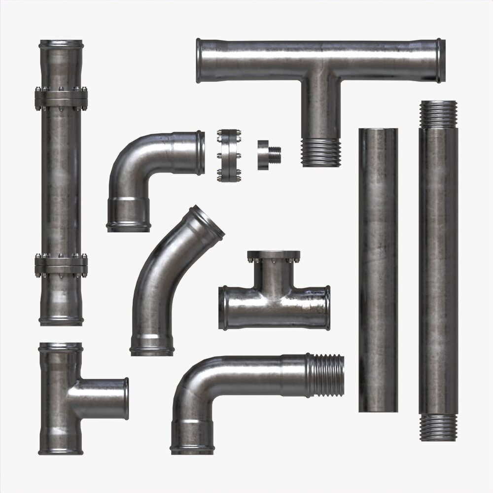 Metal Pipes With Fittings Set 3D 모델 
