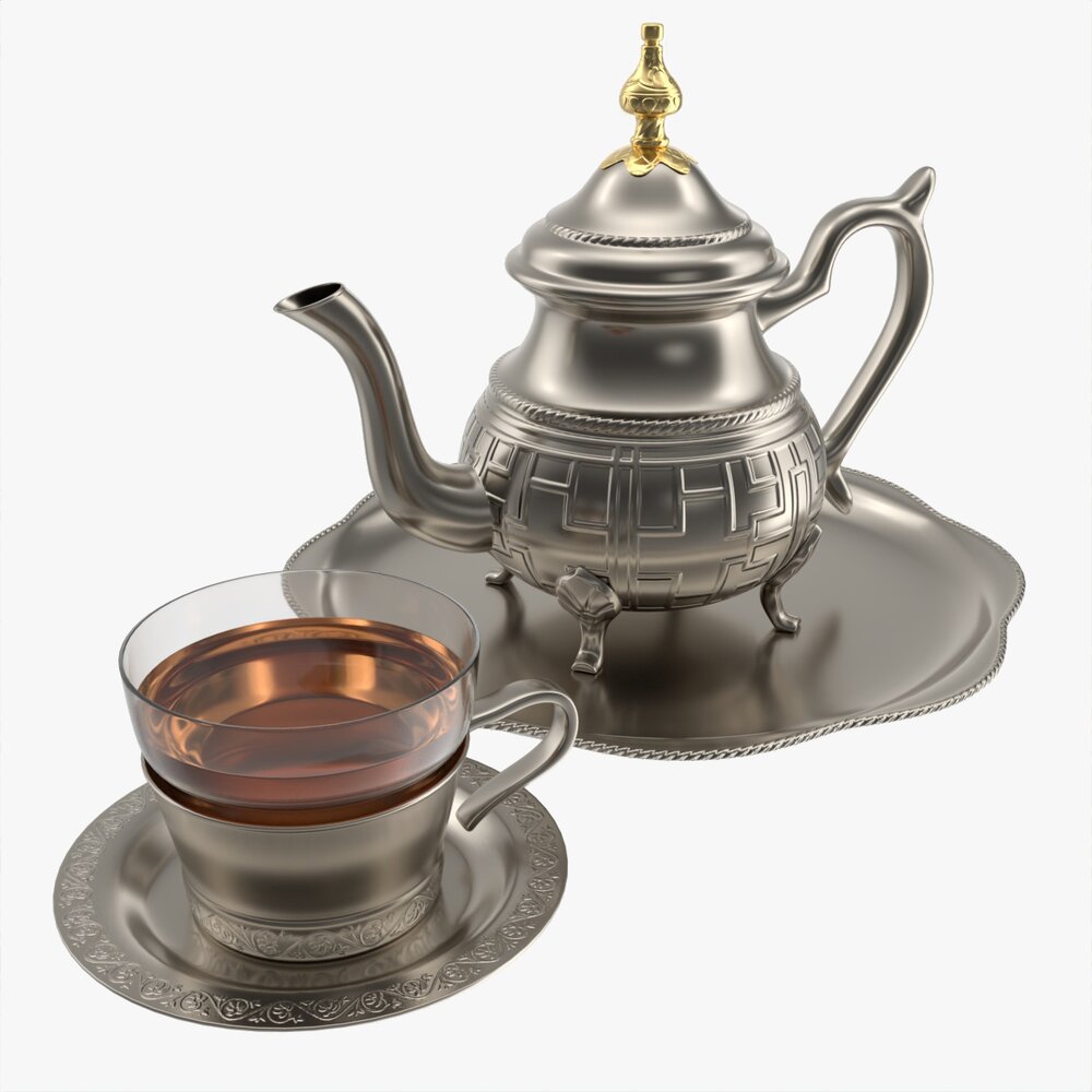 Silver Teapot And Cup With Tea 3D 모델 