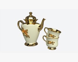 Teapot And Cups Decorated With Golden Flowers 3D model