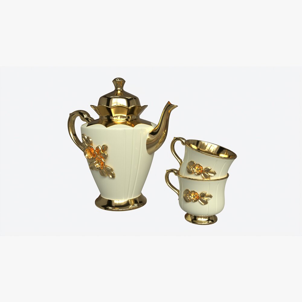 Teapot And Cups Decorated With Golden Flowers Modello 3D
