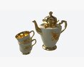 Teapot And Cups Decorated With Golden Flowers 3D模型