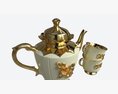 Teapot And Cups Decorated With Golden Flowers 3D 모델 