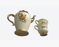 Teapot And Cups Decorated With Golden Flowers 3D модель